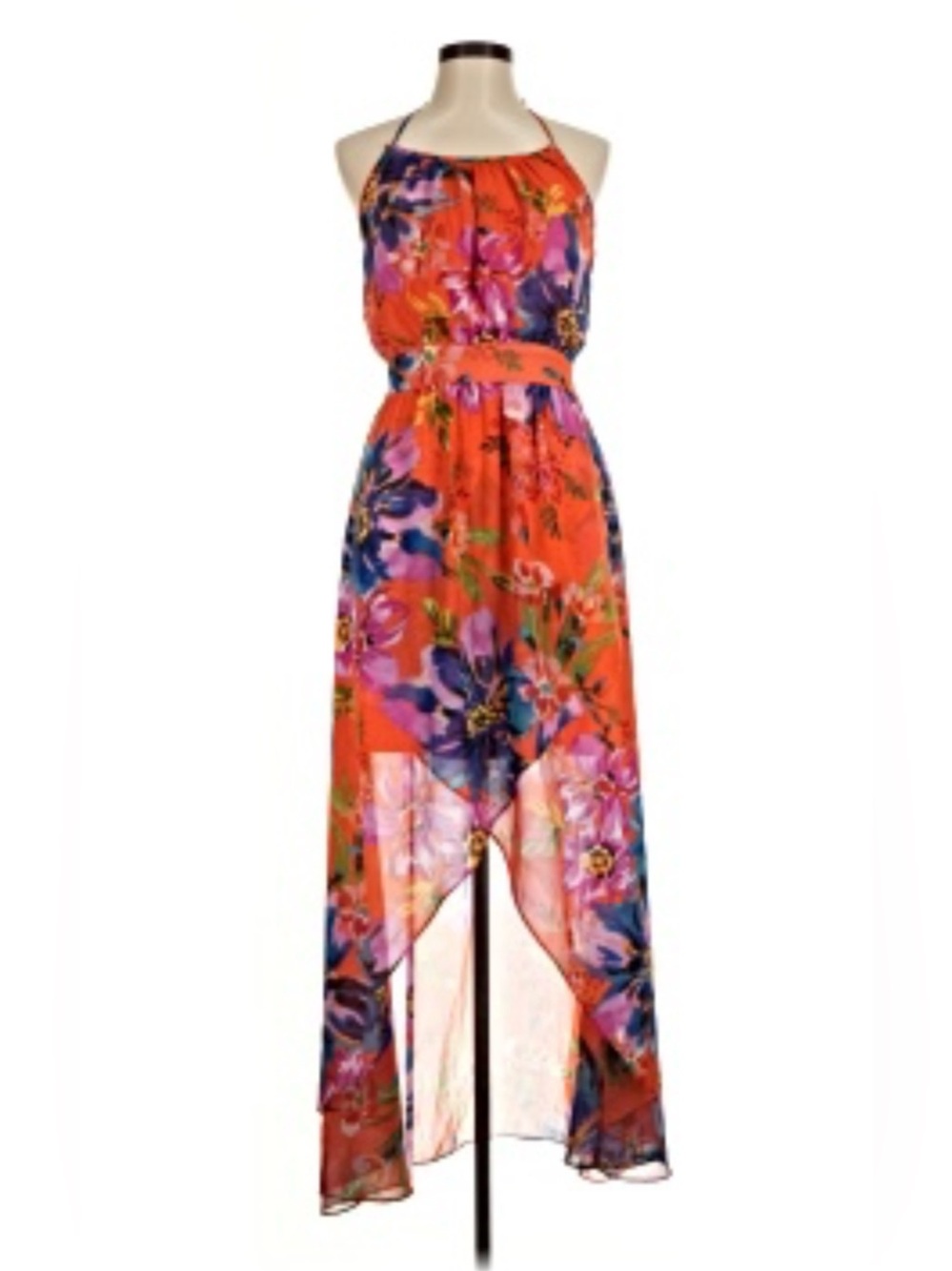 Bisou Bisou Orange Floral Halter High-Low Maxi Dress